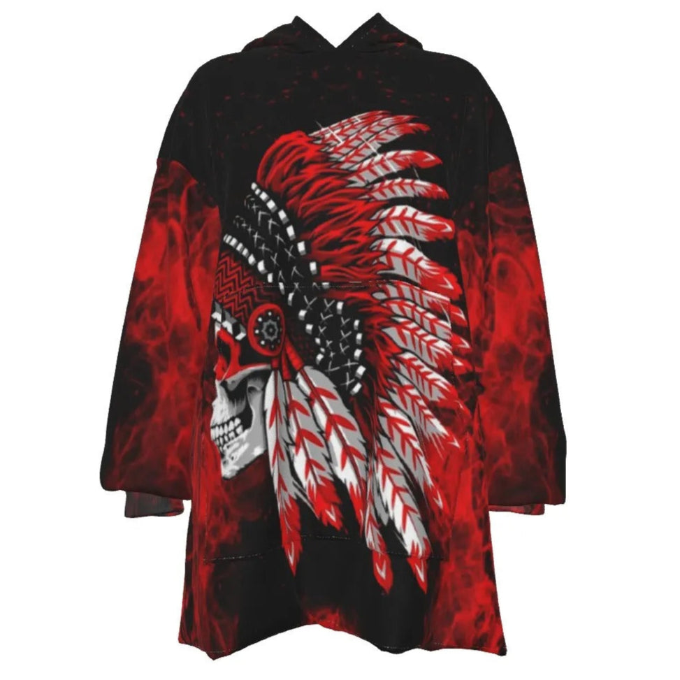 Native American Skull Sherpa Fleece Hoodie, Red Feather Headdress Hooded Jacket, Tribal Gothic Warm Hoodie, Red Smoke Graphic Outerwear, Warrior Biker Style