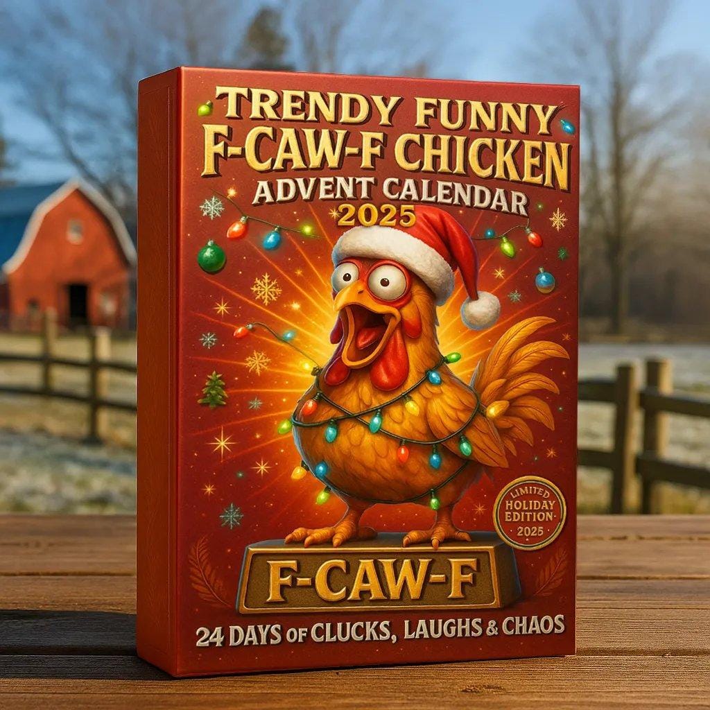 Trendy Funny F-Caw-F Chicken 2D Flat Advent Calendar 2025, 24 Days of Hilarious Chicken Figurines Ornament, Christmas Countdown Gifts