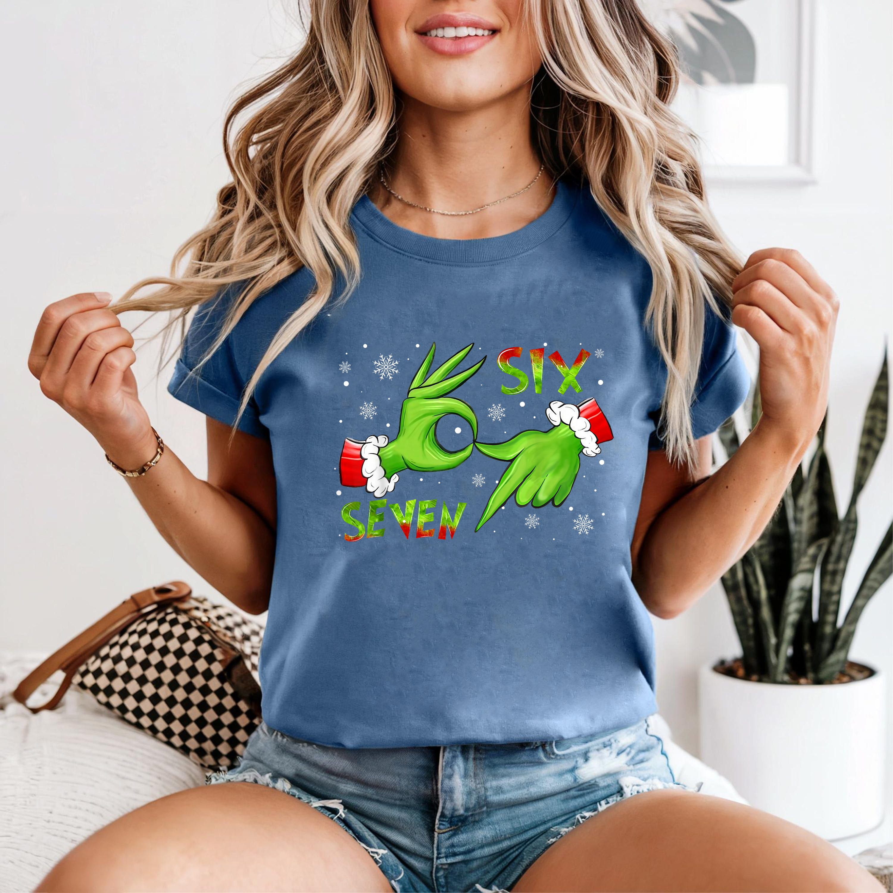 Six Seven Merry Christmas Shirt, Cute Cat Christmas Tee, Holiday Lights Shirt, Xmas Shirt for Women, Christmas Graphic Tee, Santa Hat Shirt