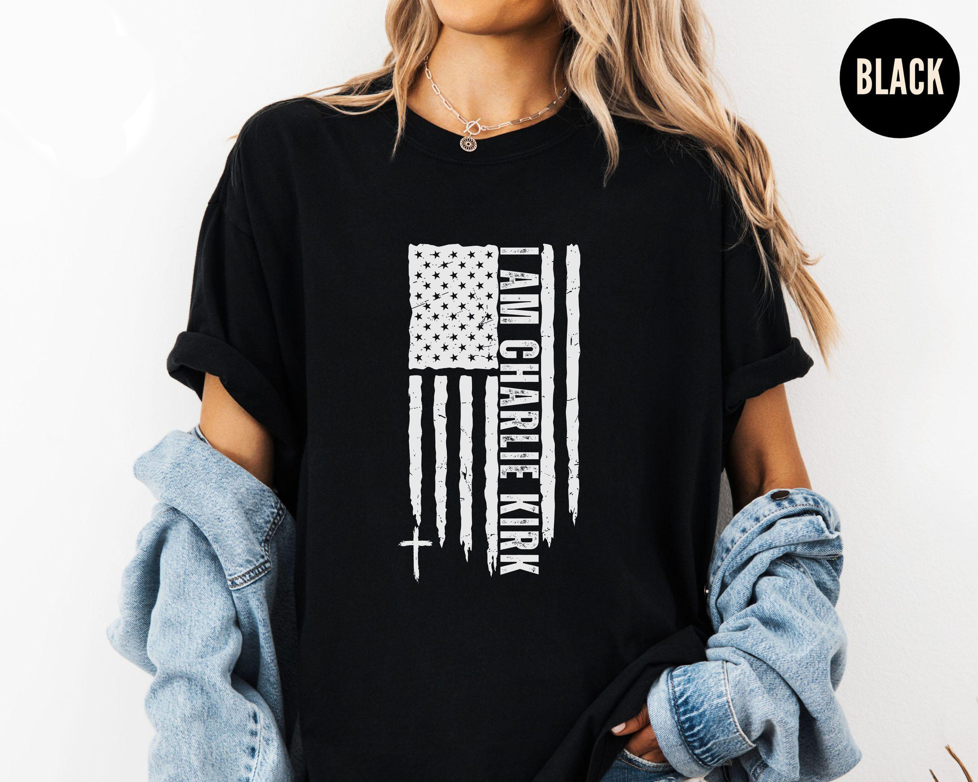 I Am Charlie Kirk Shirt, American Flag Cross Tee, Patriotic Faith Graphic T-Shirt, USA Christian Inspirational Shirt