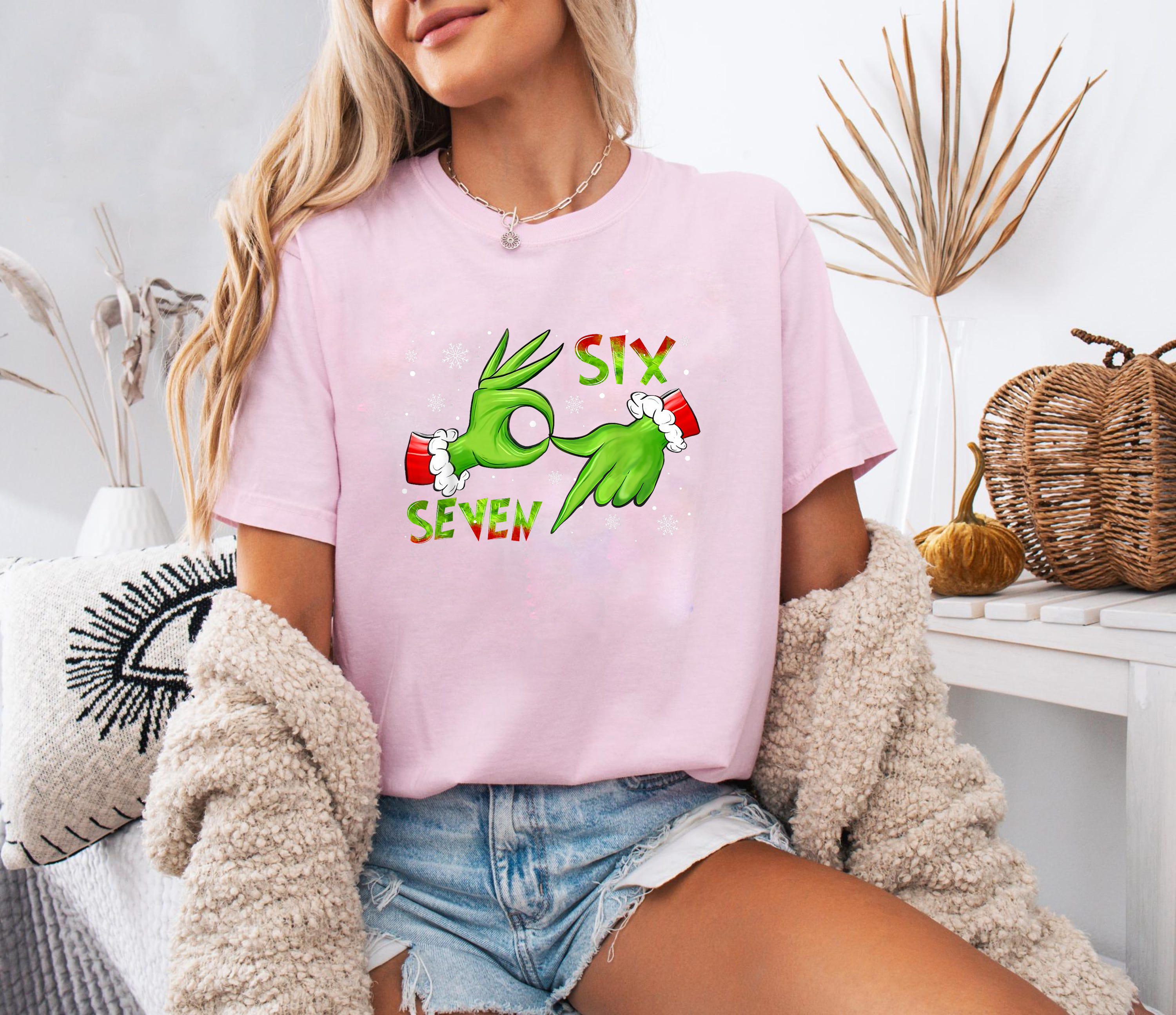 Six Seven Merry Christmas Shirt, Cute Cat Christmas Tee, Holiday Lights Shirt, Xmas Shirt for Women, Christmas Graphic Tee, Santa Hat Shirt