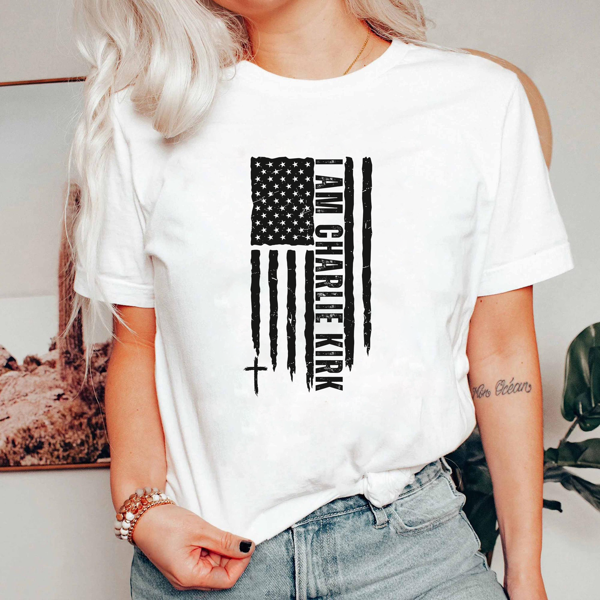 I Am Charlie Kirk Shirt, American Flag Cross Tee, Patriotic Faith Graphic T-Shirt, USA Christian Inspirational Shirt