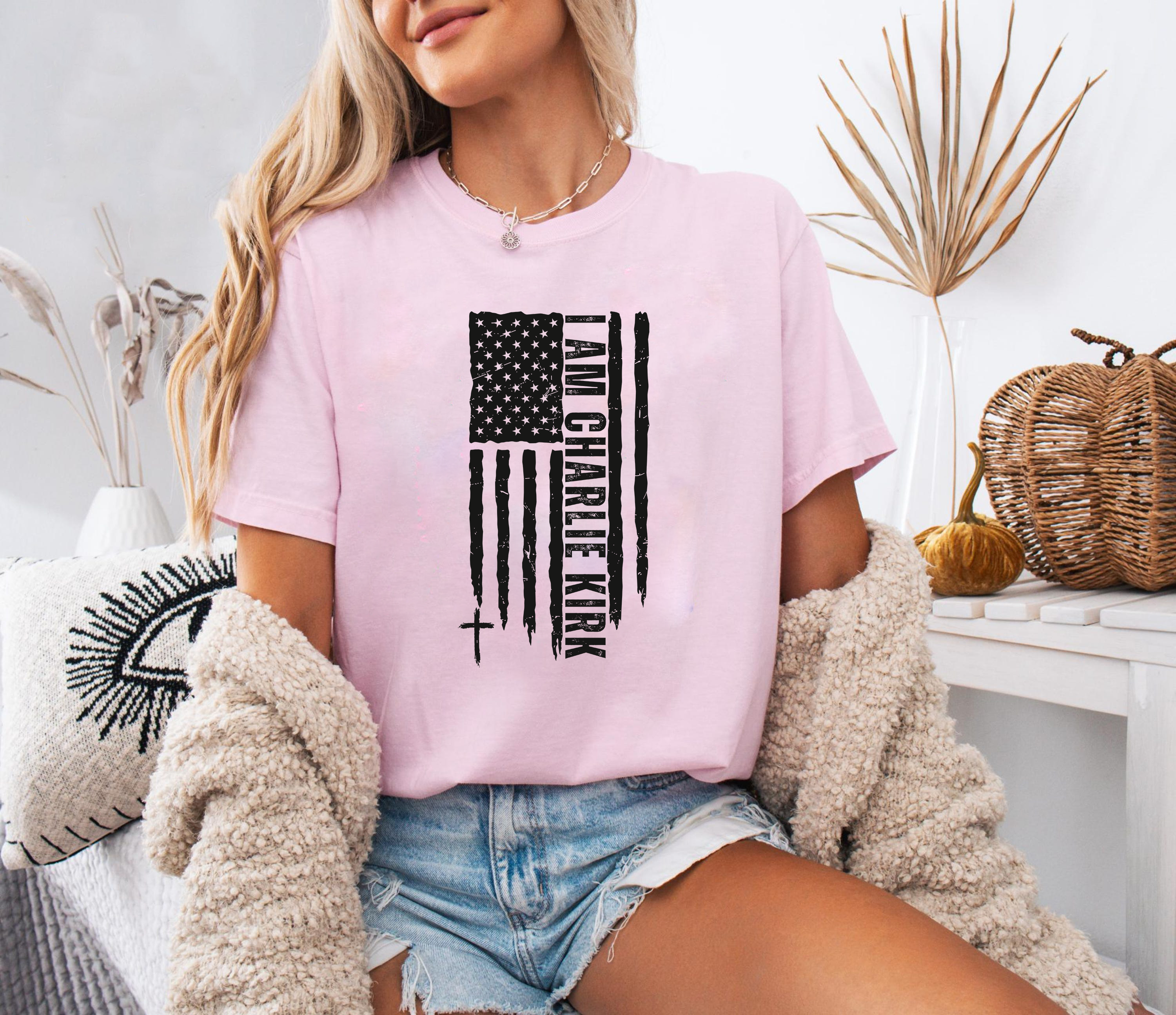 I Am Charlie Kirk Shirt, American Flag Cross Tee, Patriotic Faith Graphic T-Shirt, USA Christian Inspirational Shirt