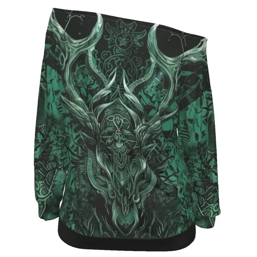 Viking Off-Shoulder Top, Women Sweatshirt, Norse Mythology Shirt, Green Celtic Art Top, Deer Skull Design, Nordic Warrior Clothing, Pagan Festival Wear, Dark Fantasy Fashion