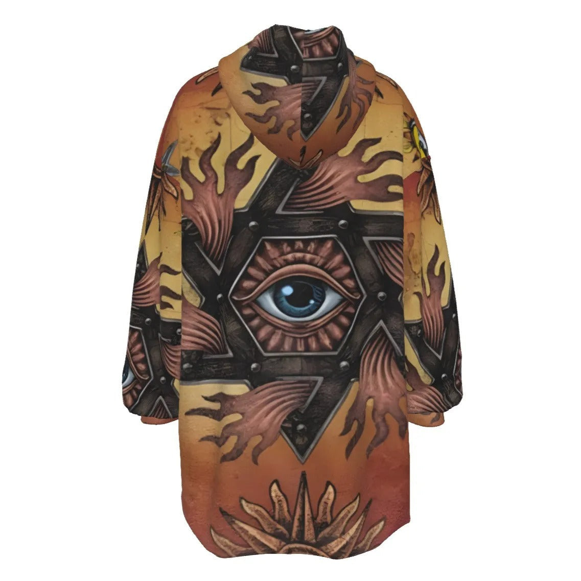 Women’s Mystic Mandala Sherpa Fleece Hoodie, Sacred Geometry Cosmic Eye Pullover, Psychedelic Sun Boho Spiritual Outerwear