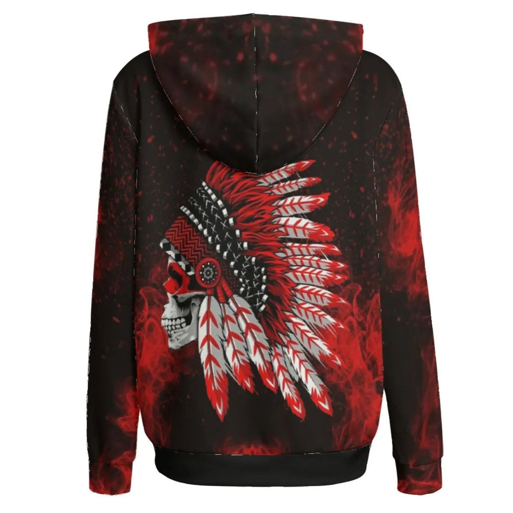 Native American Skull Women’s Hoodie, Red Feather Headdress Sweatshirt, Tribal Gothic Hooded Top, Red Smoke Graphic Hoodie, Warrior Biker Style