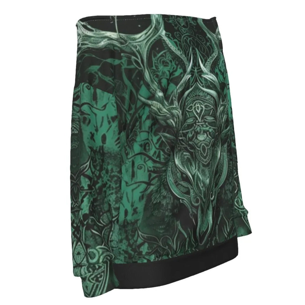 Viking Off-Shoulder Top, Women Sweatshirt, Norse Mythology Shirt, Green Celtic Art Top, Deer Skull Design, Nordic Warrior Clothing, Pagan Festival Wear, Dark Fantasy Fashion