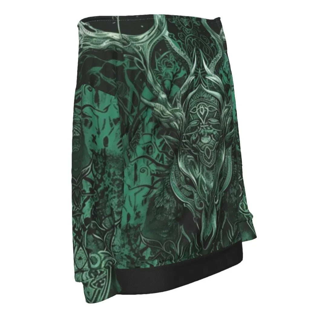 Viking Off-Shoulder Top, Women Sweatshirt, Norse Mythology Shirt, Green Celtic Art Top, Deer Skull Design, Nordic Warrior Clothing, Pagan Festival Wear, Dark Fantasy Fashion