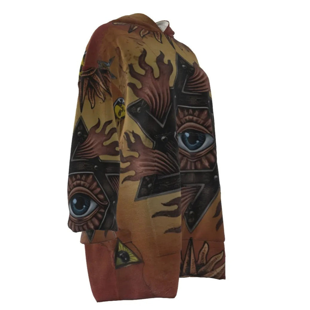 Women’s Mystic Mandala Sherpa Fleece Hoodie, Sacred Geometry Cosmic Eye Pullover, Psychedelic Sun Boho Spiritual Outerwear