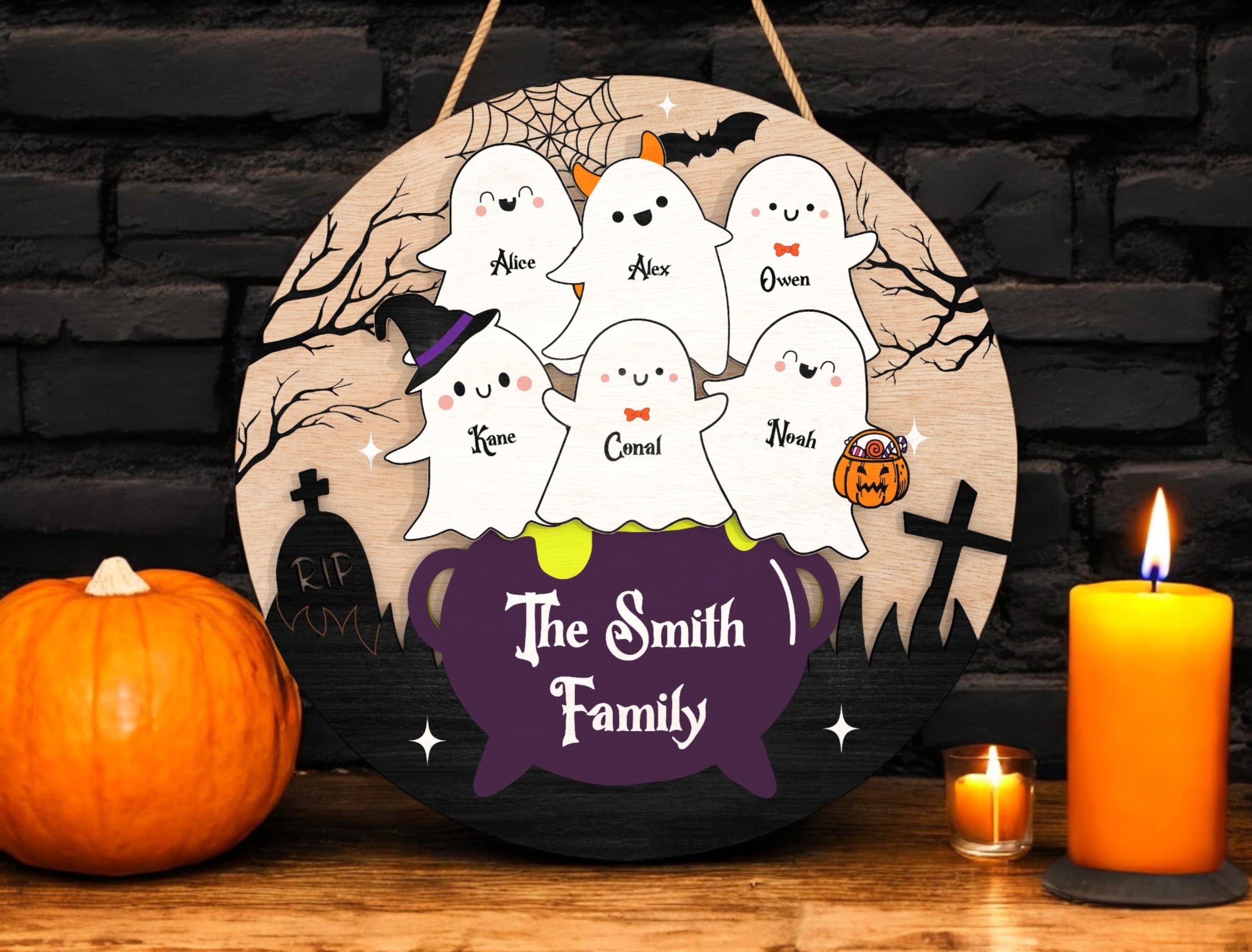 Personalized Halloween Ghost Family Sign, Witch Cauldron Door Hanger, Custom Spooky Fall Gift for Kids or Grandparents, Halloween Gift