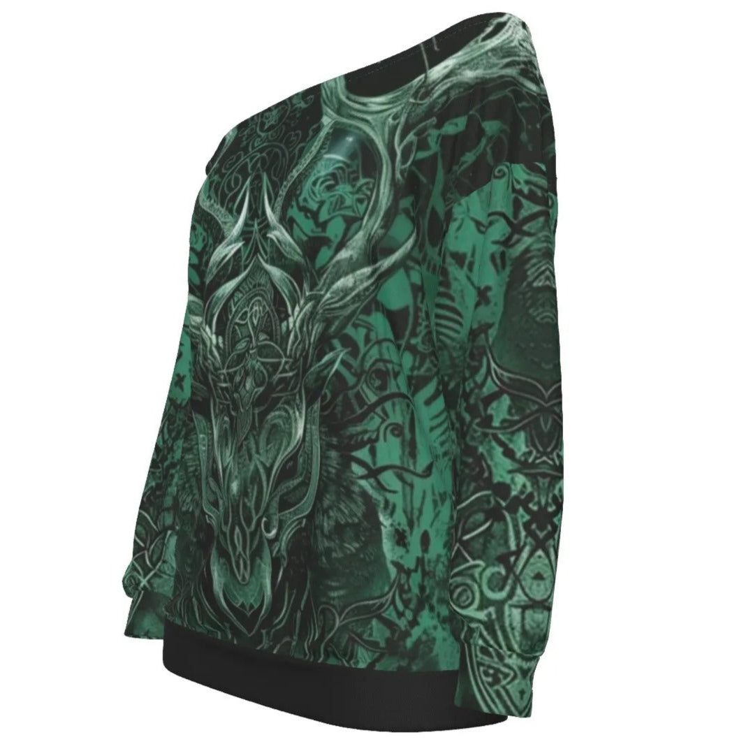 Viking Off-Shoulder Top, Women Sweatshirt, Norse Mythology Shirt, Green Celtic Art Top, Deer Skull Design, Nordic Warrior Clothing, Pagan Festival Wear, Dark Fantasy Fashion