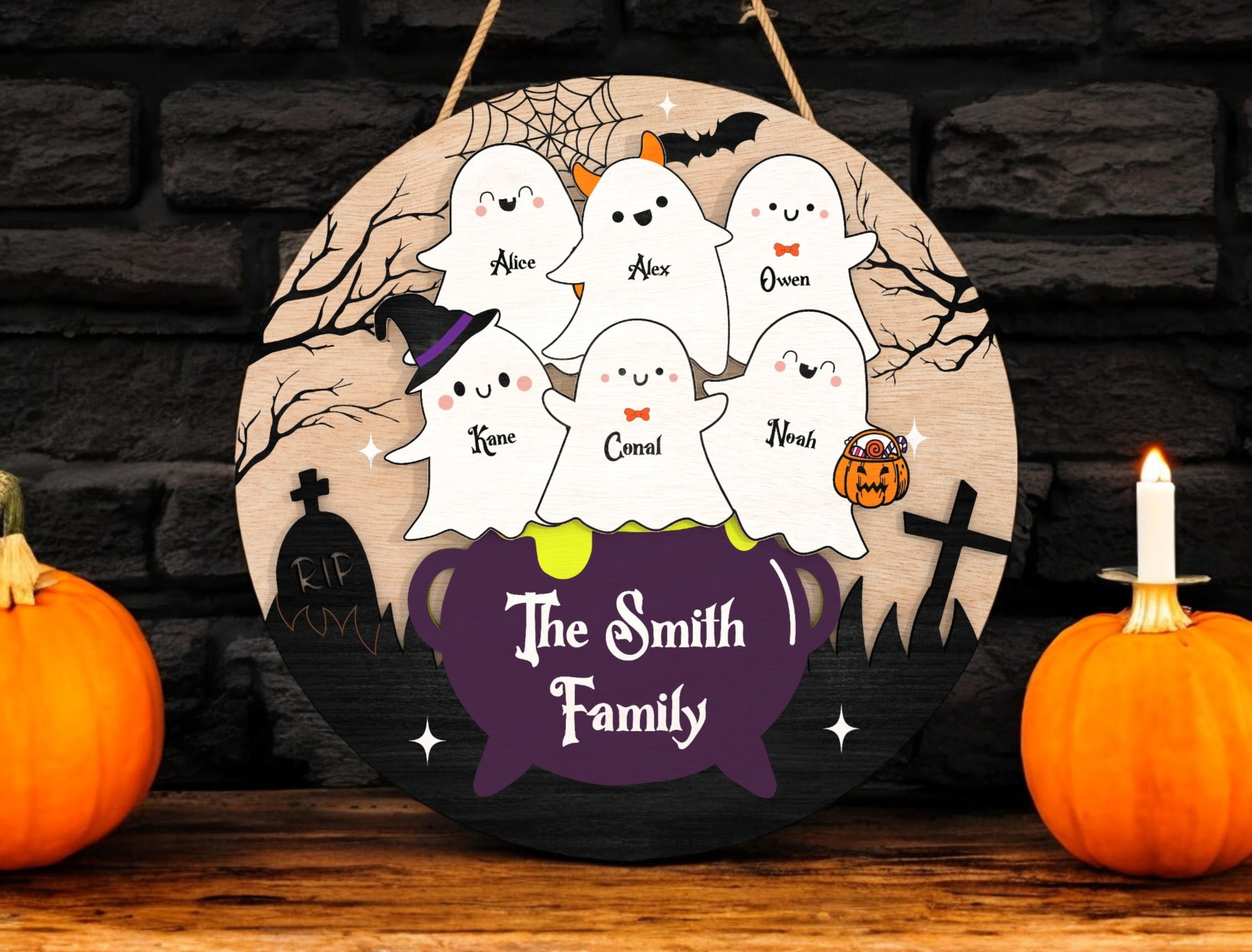 Personalized Halloween Ghost Family Sign, Witch Cauldron Door Hanger, Custom Spooky Fall Gift for Kids or Grandparents, Halloween Gift