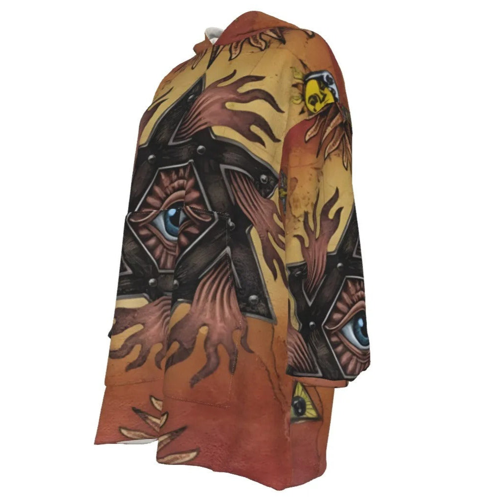 Women’s Mystic Mandala Sherpa Fleece Hoodie, Sacred Geometry Cosmic Eye Pullover, Psychedelic Sun Boho Spiritual Outerwear