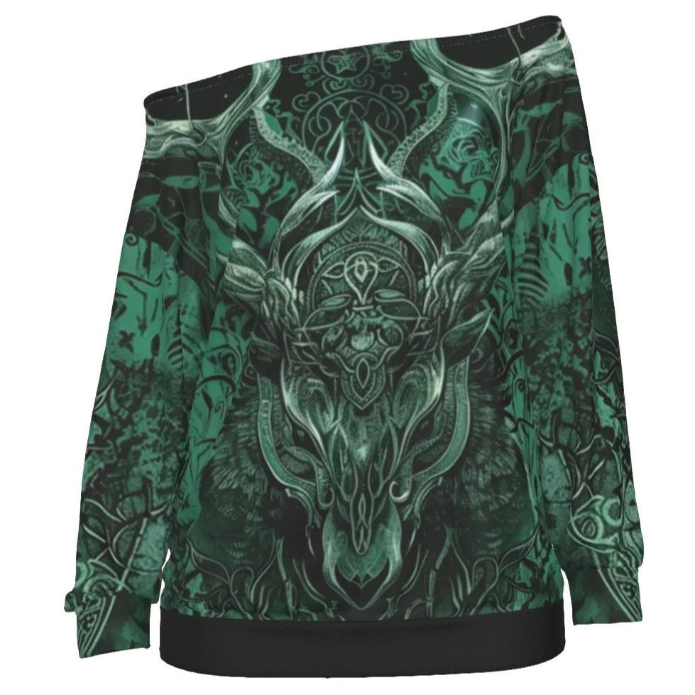 Viking Off-Shoulder Top, Women Sweatshirt, Norse Mythology Shirt, Green Celtic Art Top, Deer Skull Design, Nordic Warrior Clothing, Pagan Festival Wear, Dark Fantasy Fashion