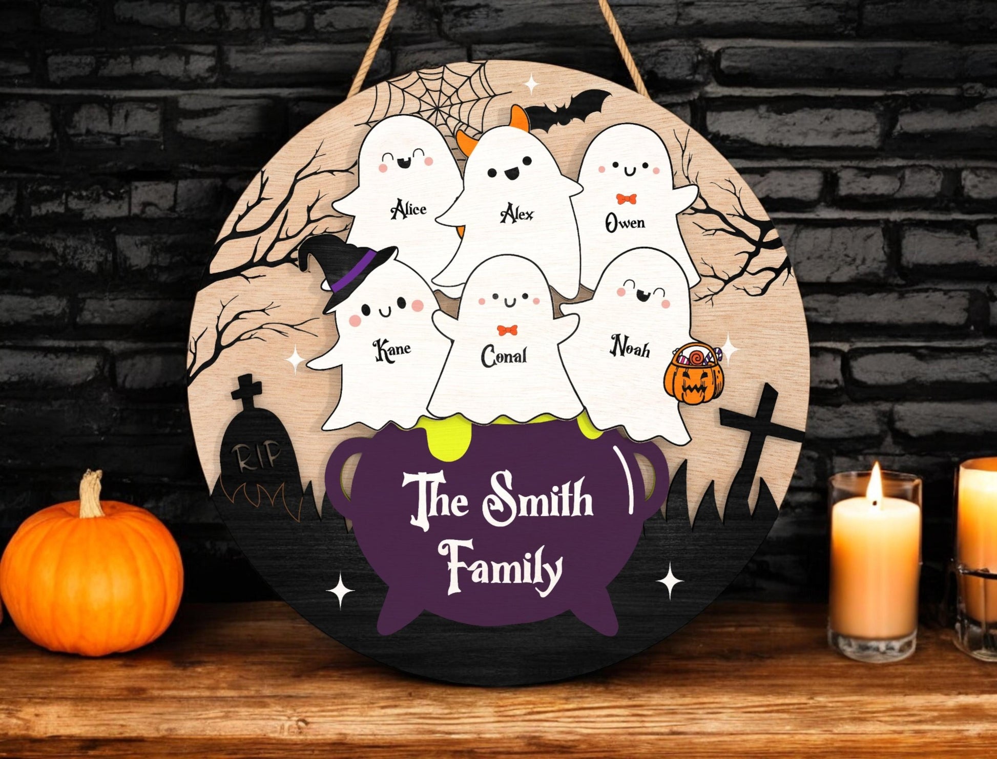 Personalized Halloween Ghost Family Sign, Witch Cauldron Door Hanger, Custom Spooky Fall Gift for Kids or Grandparents, Halloween Gift