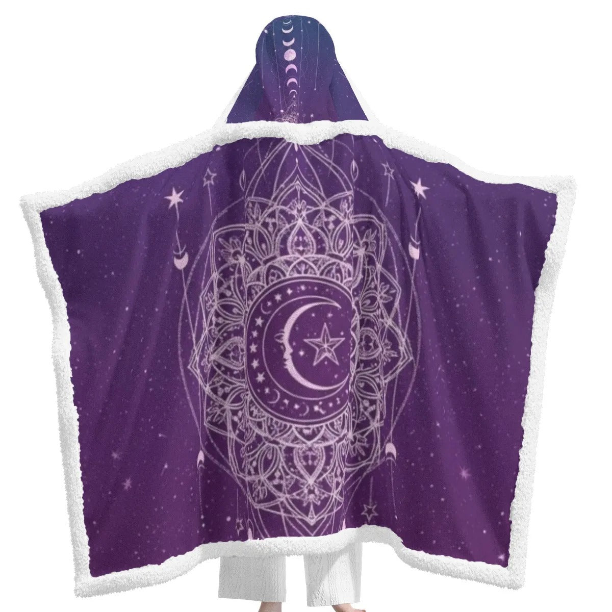 Mystic Lunar Mandala Wearable Hooded Blanket, Moon Phase Spiritual Wrap, Celestial Lotus Hooded Cape, Sacred Geometry Cosmic Loungewear, Boho Mystic Style