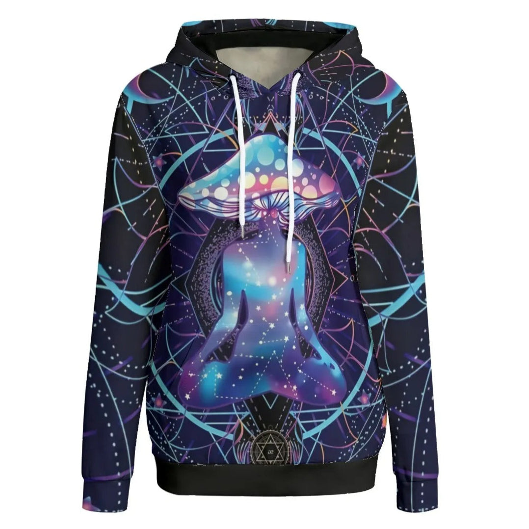 Mystic Mushroom Awakening Women’s Hoodie, Psychedelic Spiritual Sweatshirt, Cosmic Mushroom Hooded Top, Visionary Art Festival Wear, Boho Mystic Style