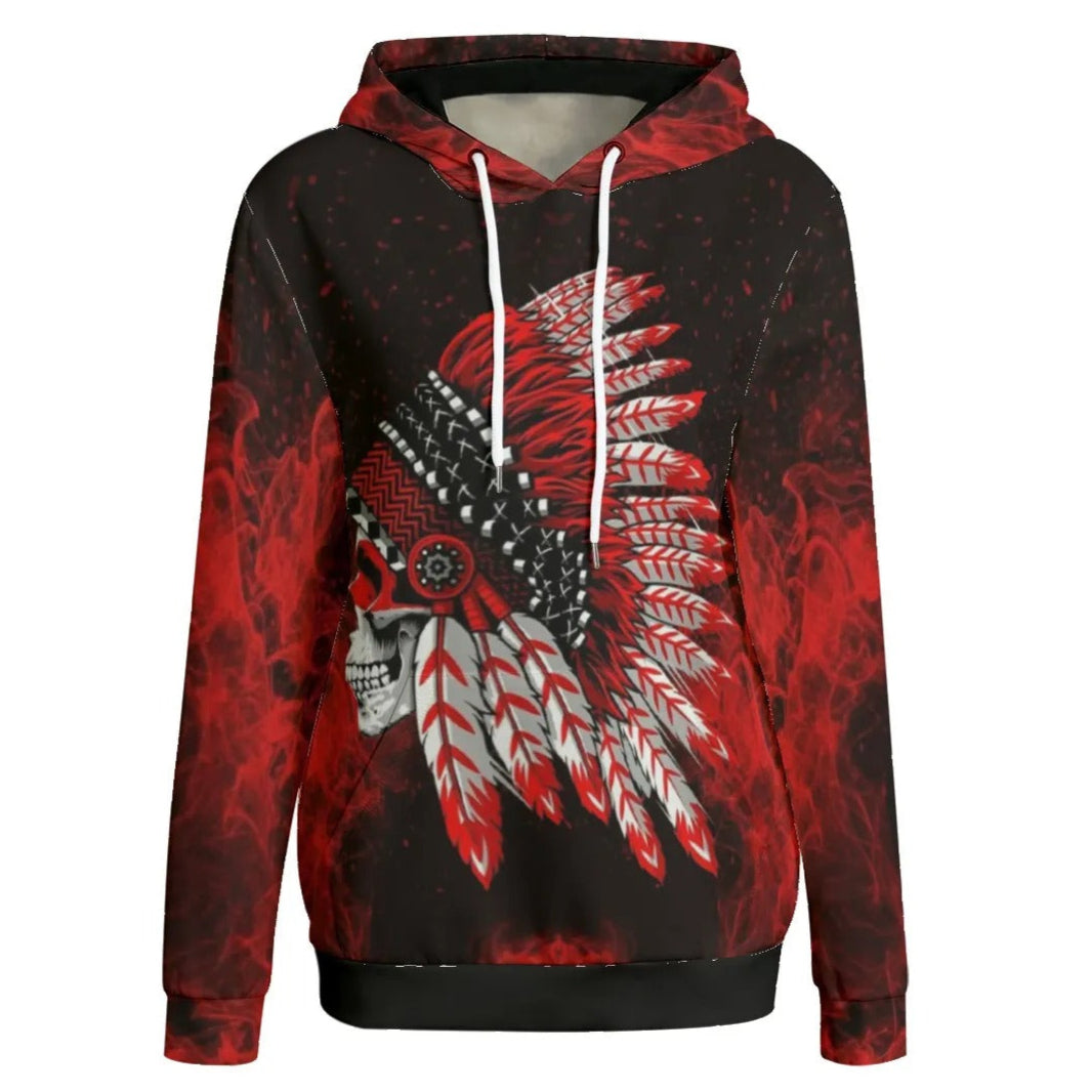 Native American Skull Women’s Hoodie, Red Feather Headdress Sweatshirt, Tribal Gothic Hooded Top, Red Smoke Graphic Hoodie, Warrior Biker Style