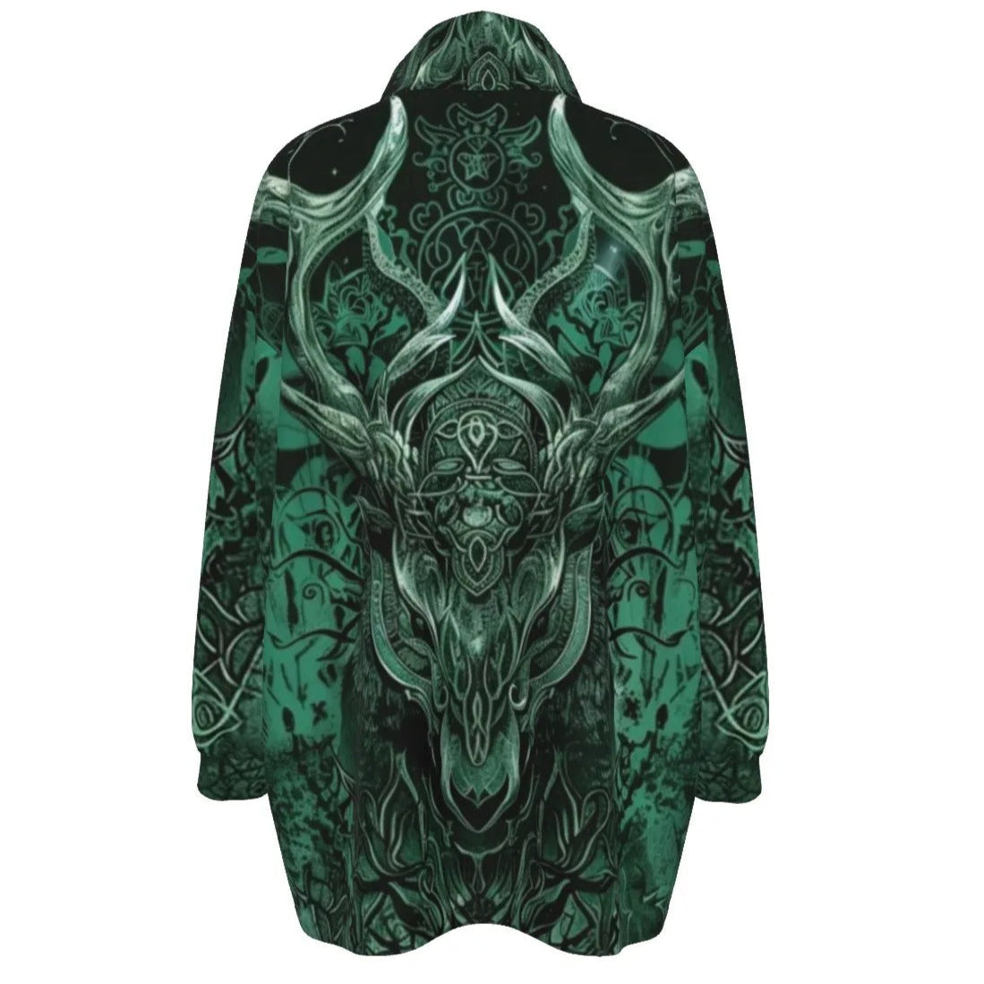 Viking Coat, Coats Women, Norse Mythology Jacket, Green Celtic Art Outerwear, Deer Skull Design, Nordic Warrior Clothing, Pagan Festival Wear, Dark Fantasy Fashion