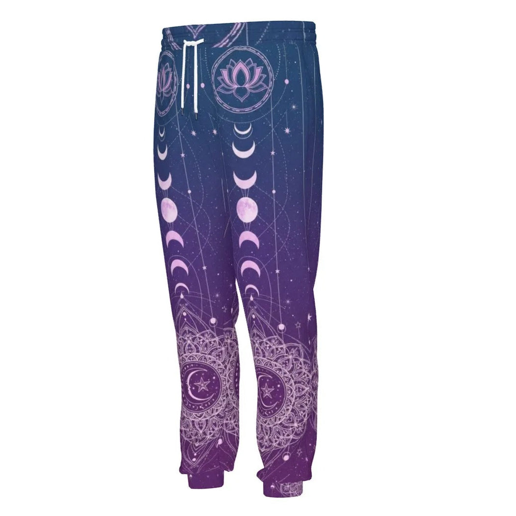 Mystic Lunar Mandala Joggers, Moon Phase Spiritual Sweatpants, Celestial Lotus Pattern Pants, Sacred Geometry Cosmic Bottoms, Boho Mystic Style