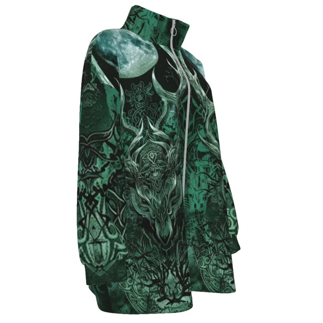 Viking Coat, Coats Women, Norse Mythology Jacket, Green Celtic Art Outerwear, Deer Skull Design, Nordic Warrior Clothing, Pagan Festival Wear, Dark Fantasy Fashion