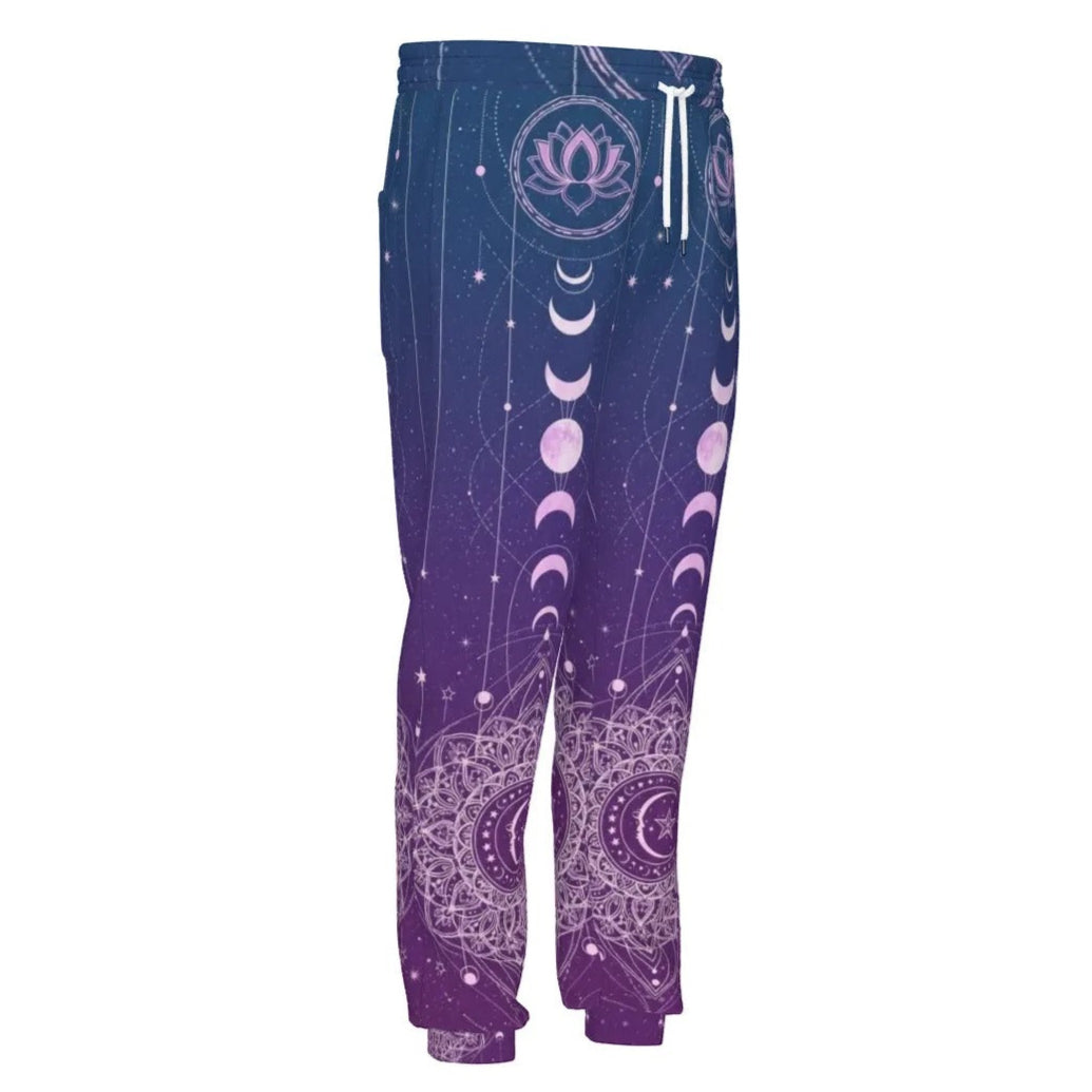 Mystic Lunar Mandala Joggers, Moon Phase Spiritual Sweatpants, Celestial Lotus Pattern Pants, Sacred Geometry Cosmic Bottoms, Boho Mystic Style