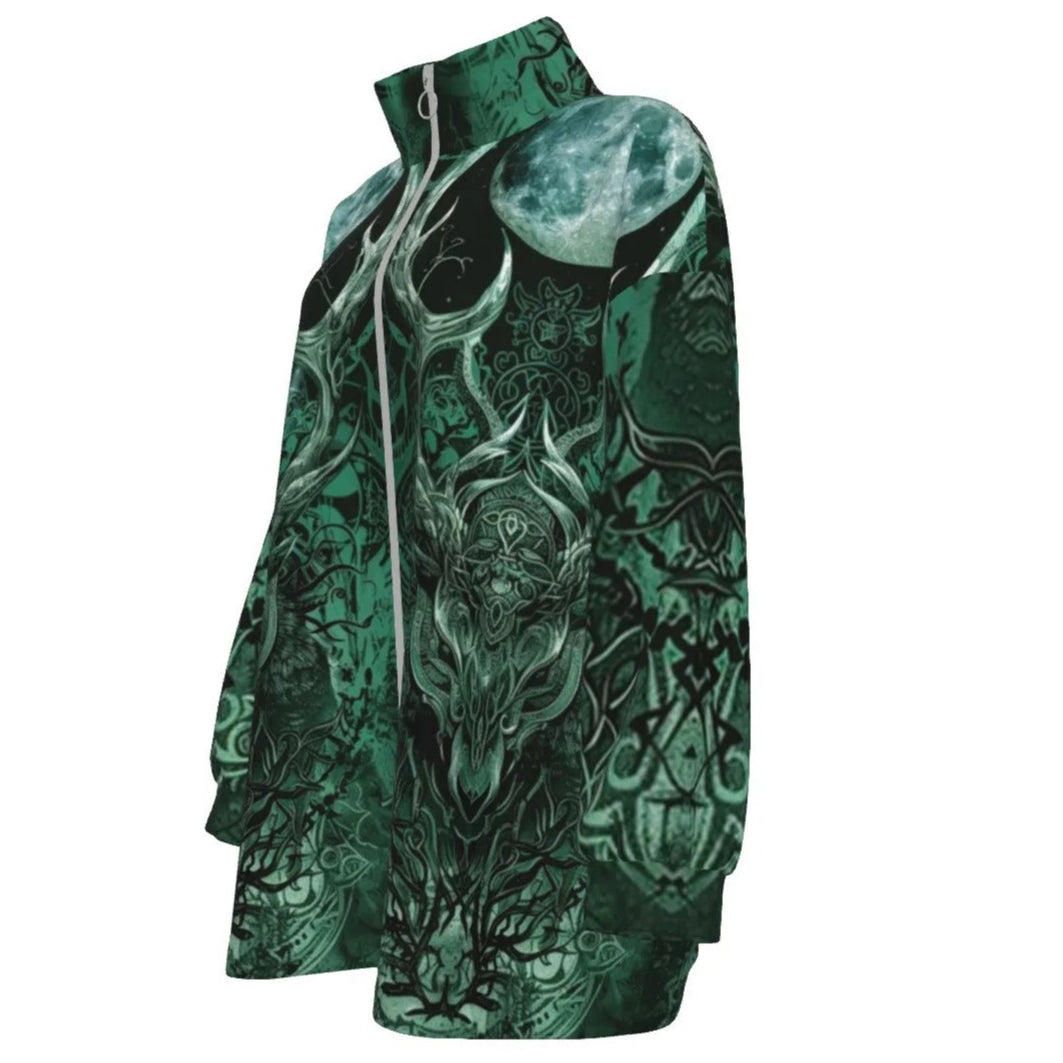 Viking Coat, Coats Women, Norse Mythology Jacket, Green Celtic Art Outerwear, Deer Skull Design, Nordic Warrior Clothing, Pagan Festival Wear, Dark Fantasy Fashion