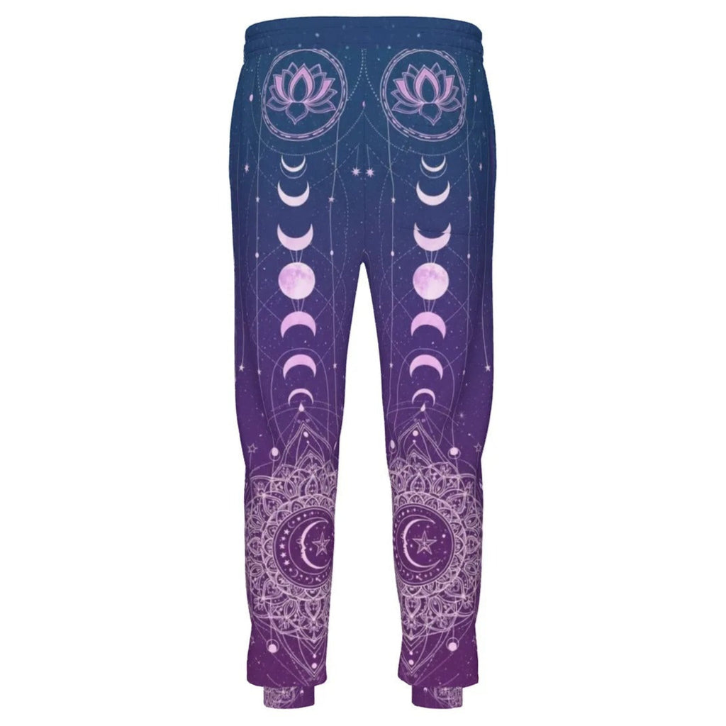 Mystic Lunar Mandala Joggers, Moon Phase Spiritual Sweatpants, Celestial Lotus Pattern Pants, Sacred Geometry Cosmic Bottoms, Boho Mystic Style
