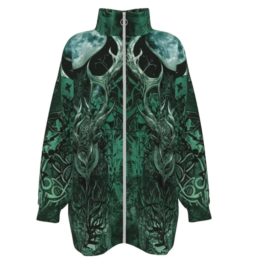 Viking Coat, Coats Women, Norse Mythology Jacket, Green Celtic Art Outerwear, Deer Skull Design, Nordic Warrior Clothing, Pagan Festival Wear, Dark Fantasy Fashion