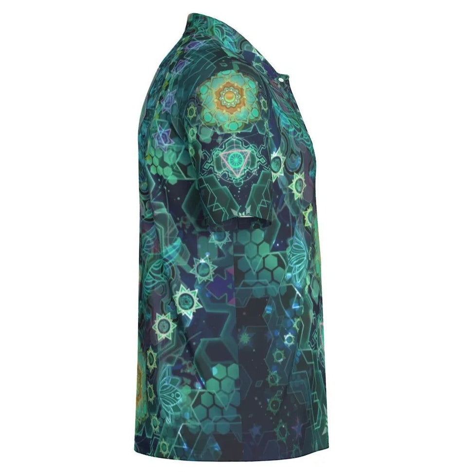 Yantric Geometry Polo, Sacred Mandala Energy Polo, Mystic Geometric Light Polo, Vibrant Spiritual Pattern Polo, Celestial Yantra Polo