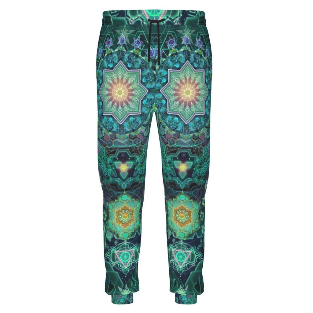 Yantric Geometry Joggers, Sacred Mandala Sweatpants, Mystic Green Pattern Pants, Spiritual Visionary Art Bottoms, Psychedelic Festival Wear