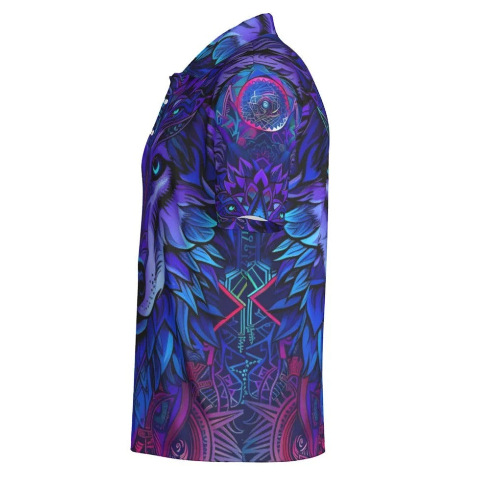 Wolf Mandala Polo Shirt for Men – Purple Tribal Spirit Animal Print, Boho Festival Button-Up Tee, Psychedelic Graphic Top
