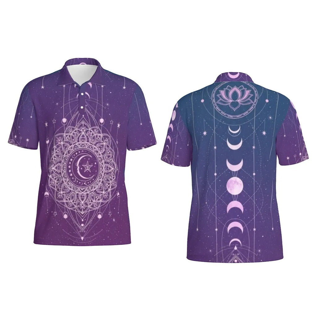 Mystic Lunar Mandala Men’s Polo, Moon Phase Spiritual Shirt, Celestial Lotus Polo Top, Sacred Geometry Cosmic Wear, Boho Mystic Style