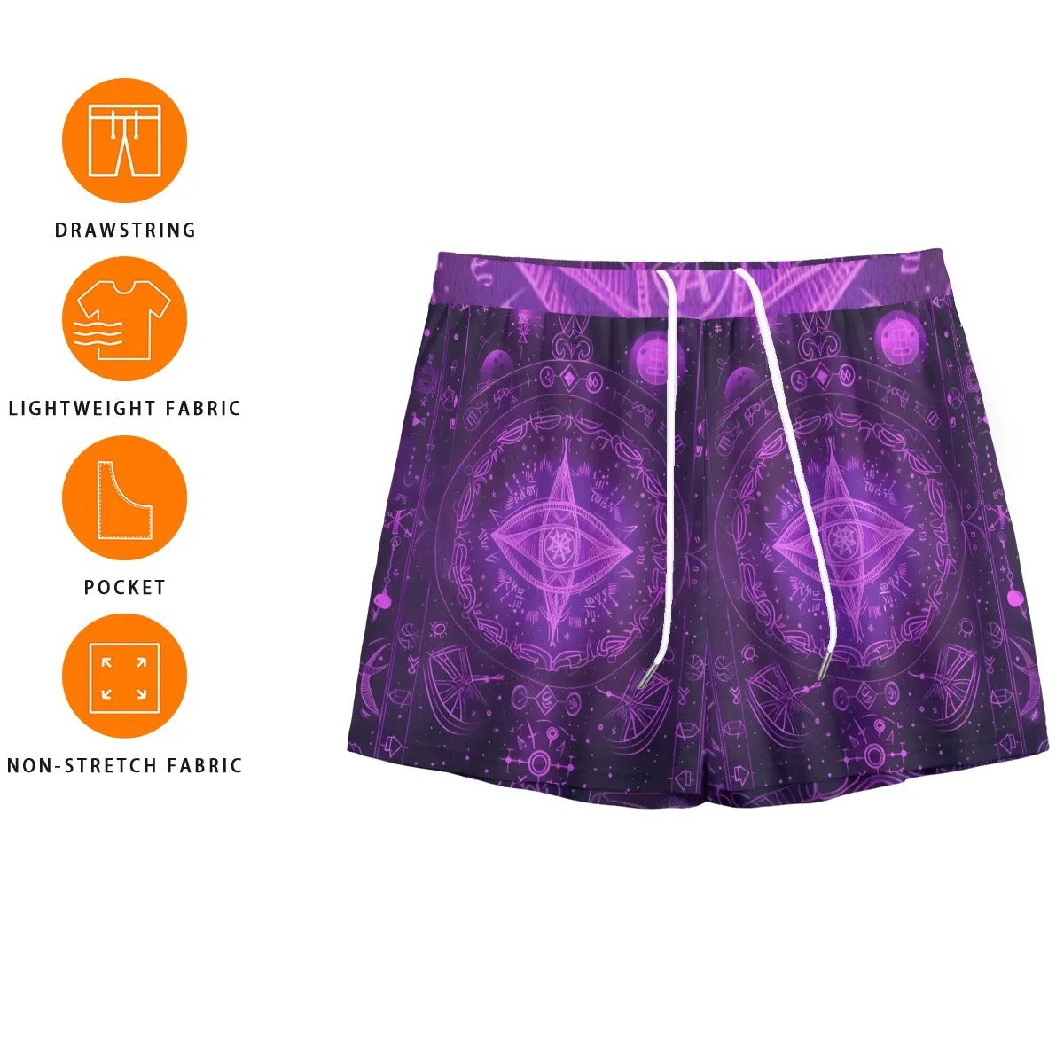 Mystical Fantasy Mesh Shorts, Arcane Magic Symbol Mesh Shorts, Witchcore Celestial Light Mesh Shorts, Vibrant Occult Energy Mesh Shorts, Esoteric Purple Spell Mesh Shorts