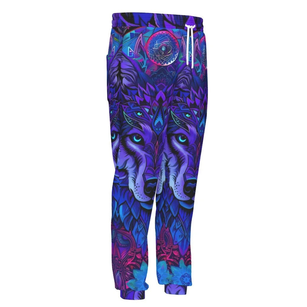 Wolf Mandala Joggers, Psychedelic Spiritual Sweatpants, Mystic Wolf Spirit Animal Pants, Visionary Art Festival Wear, Boho Cosmic Style