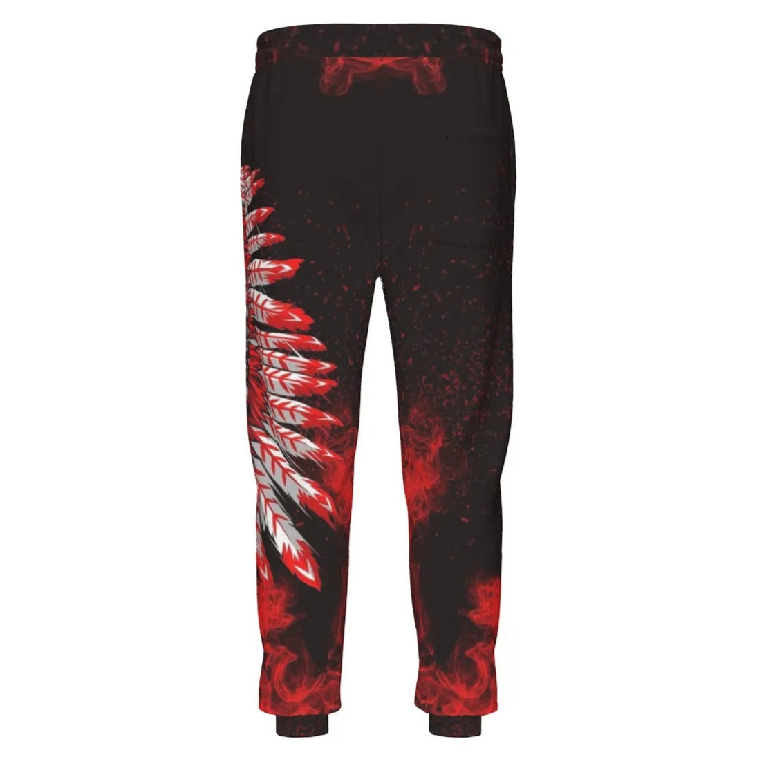Native American Skull Joggers, Red Feather Headdress Pants, Tribal Gothic Sweatpants, Red Smoke Graphic Bottoms, Warrior Biker Style