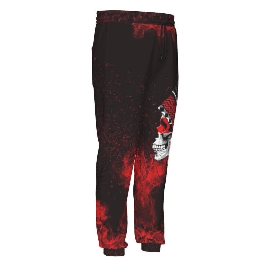 Native American Skull Joggers, Red Feather Headdress Pants, Tribal Gothic Sweatpants, Red Smoke Graphic Bottoms, Warrior Biker Style