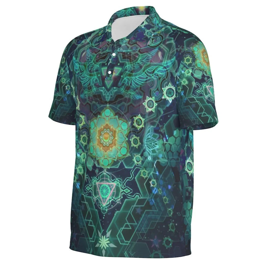 Yantric Geometry Polo, Sacred Mandala Energy Polo, Mystic Geometric Light Polo, Vibrant Spiritual Pattern Polo, Celestial Yantra Polo