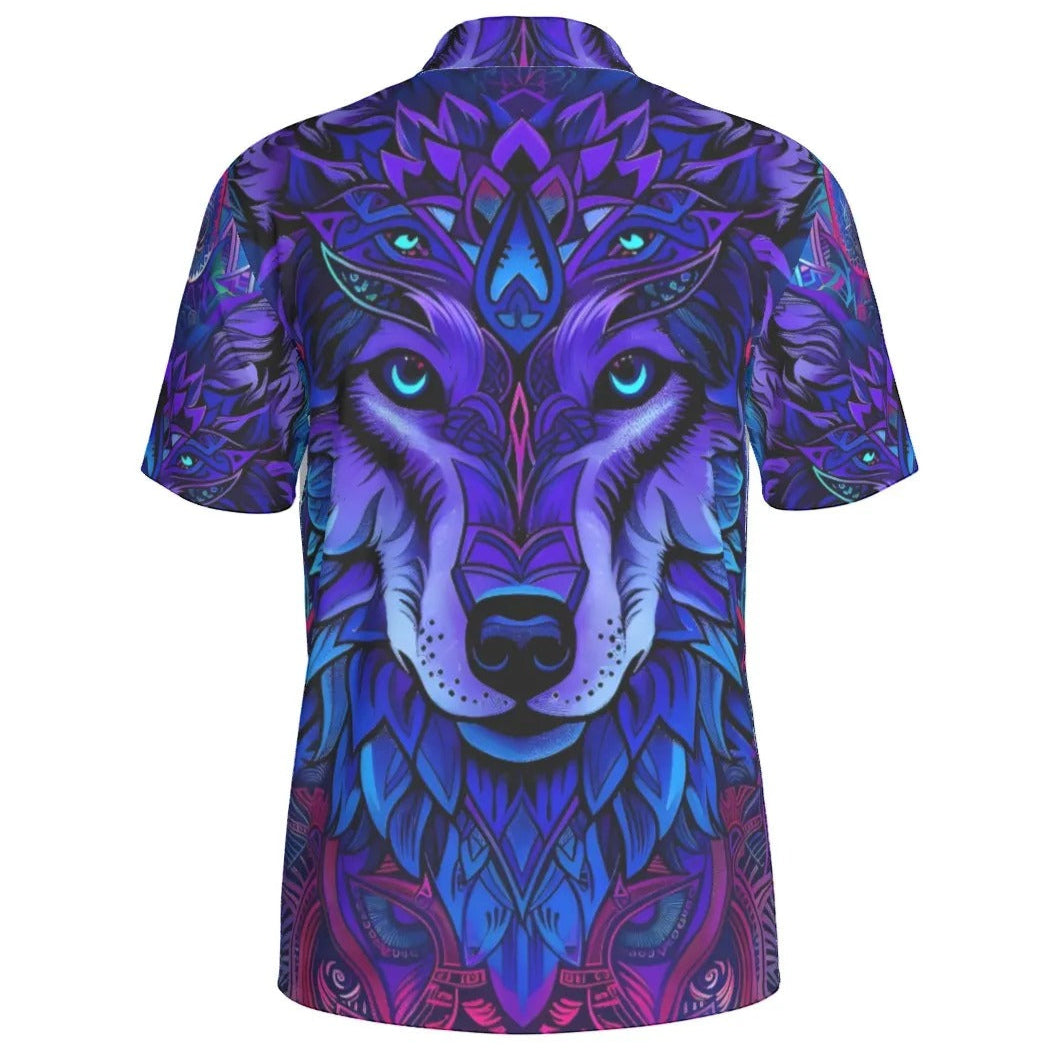 Wolf Mandala Polo Shirt for Men – Purple Tribal Spirit Animal Print, Boho Festival Button-Up Tee, Psychedelic Graphic Top