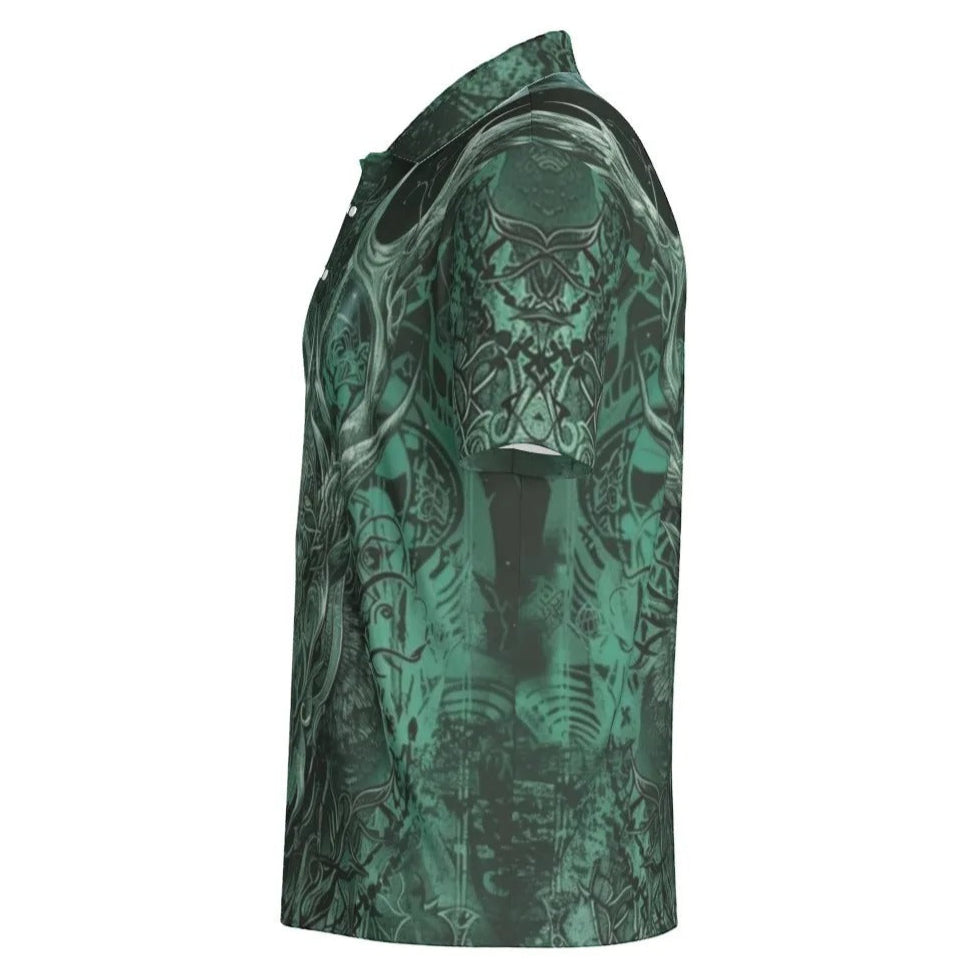 Viking Polo Shirt with Antler Design For Men, Norse Mythology Inspired Graphic Polo, Medieval Fantasy Clothing, Tribal Nature Fashion