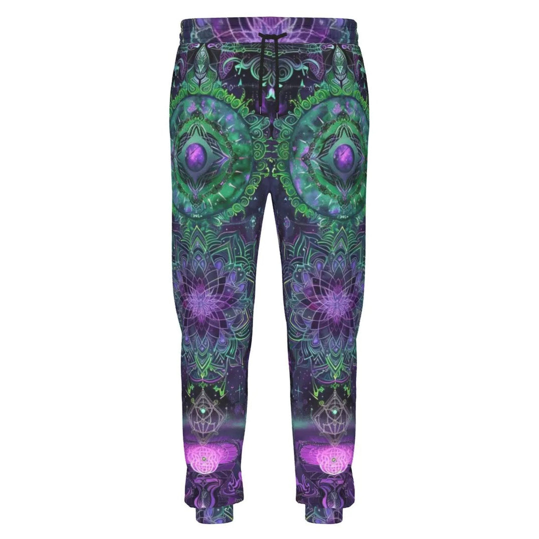 Mystic Aesthetic Joggers, Green Purple Mandala Sweatpants, Sacred Geometry Psychedelic Pants, Visionary Art Bottoms, Spiritual Festival Wear