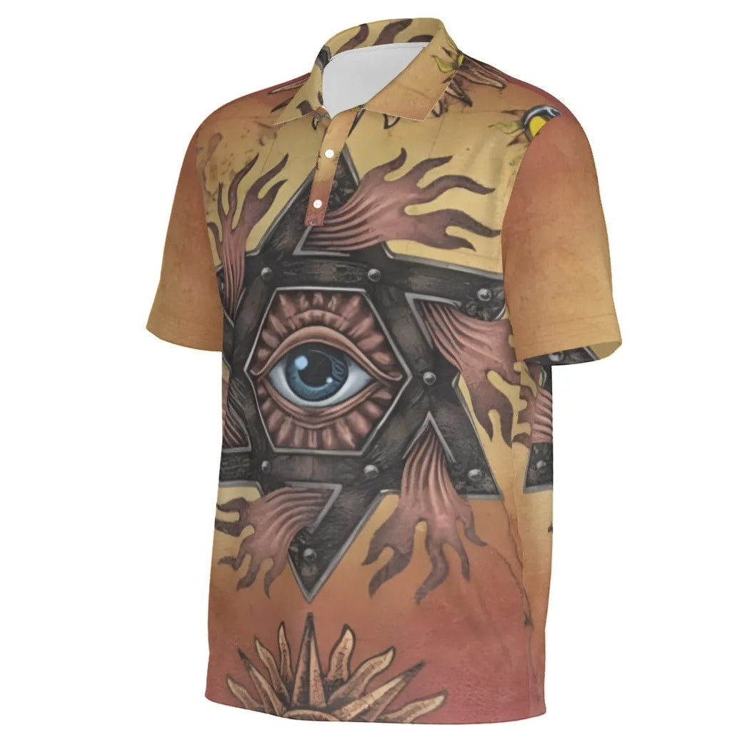 Mystic Eye Mandala Men’s Polo Shirt, Sacred Geometry Embroidered Polo, Spiritual Esoteric Casualwear, Visionary Art Golf Shirt
