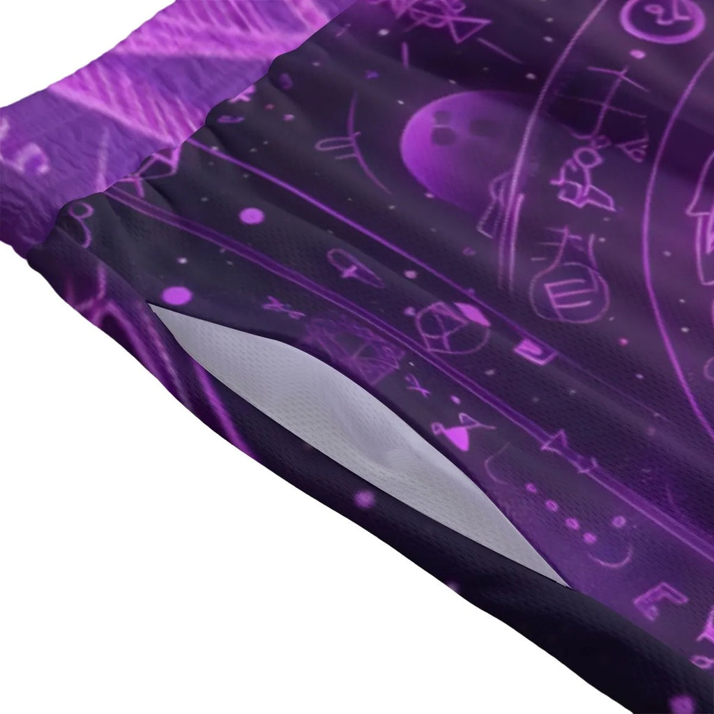 Mystical Fantasy Mesh Shorts, Arcane Magic Symbol Mesh Shorts, Witchcore Celestial Light Mesh Shorts, Vibrant Occult Energy Mesh Shorts, Esoteric Purple Spell Mesh Shorts