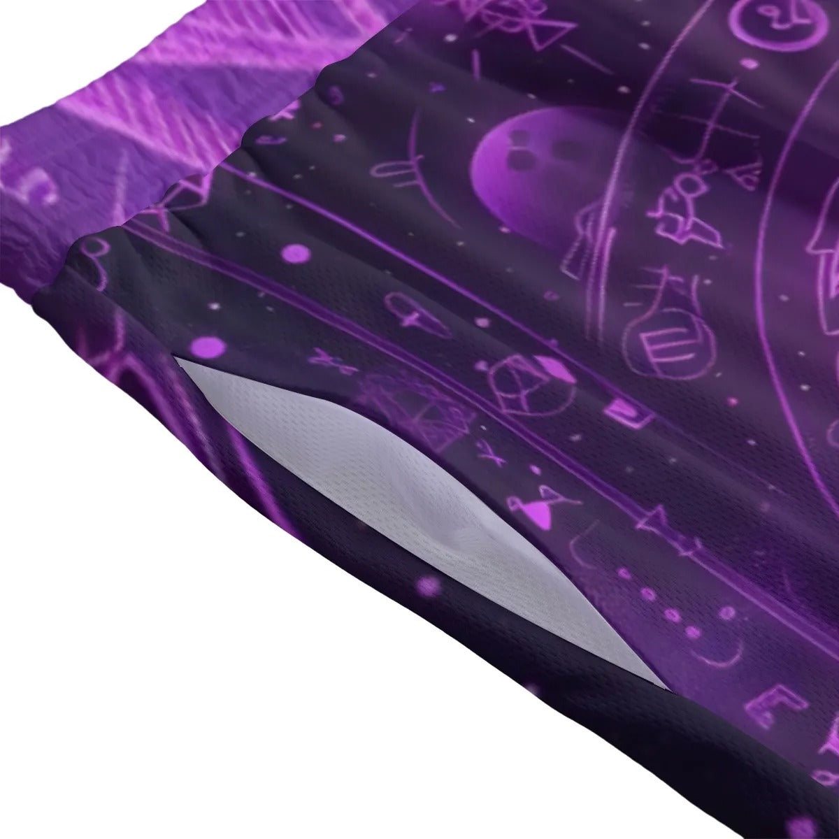 Mystical Fantasy Mesh Shorts, Arcane Magic Symbol Mesh Shorts, Witchcore Celestial Light Mesh Shorts, Vibrant Occult Energy Mesh Shorts, Esoteric Purple Spell Mesh Shorts