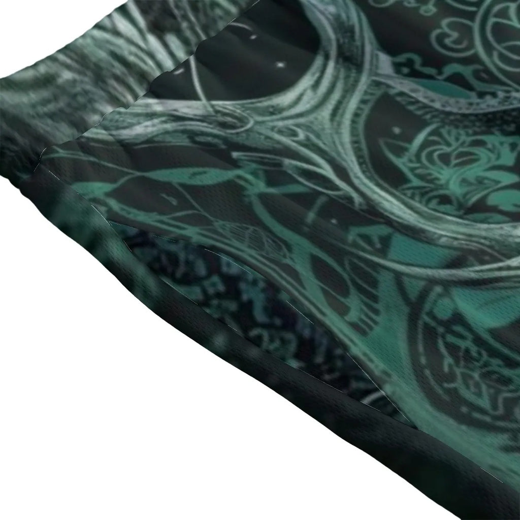 Viking Mesh Shorts with Antler Design, Norse Mythology Inspired Athletic Shorts, Tribal Graphic Beachwear, Fantasy Sports Clothing