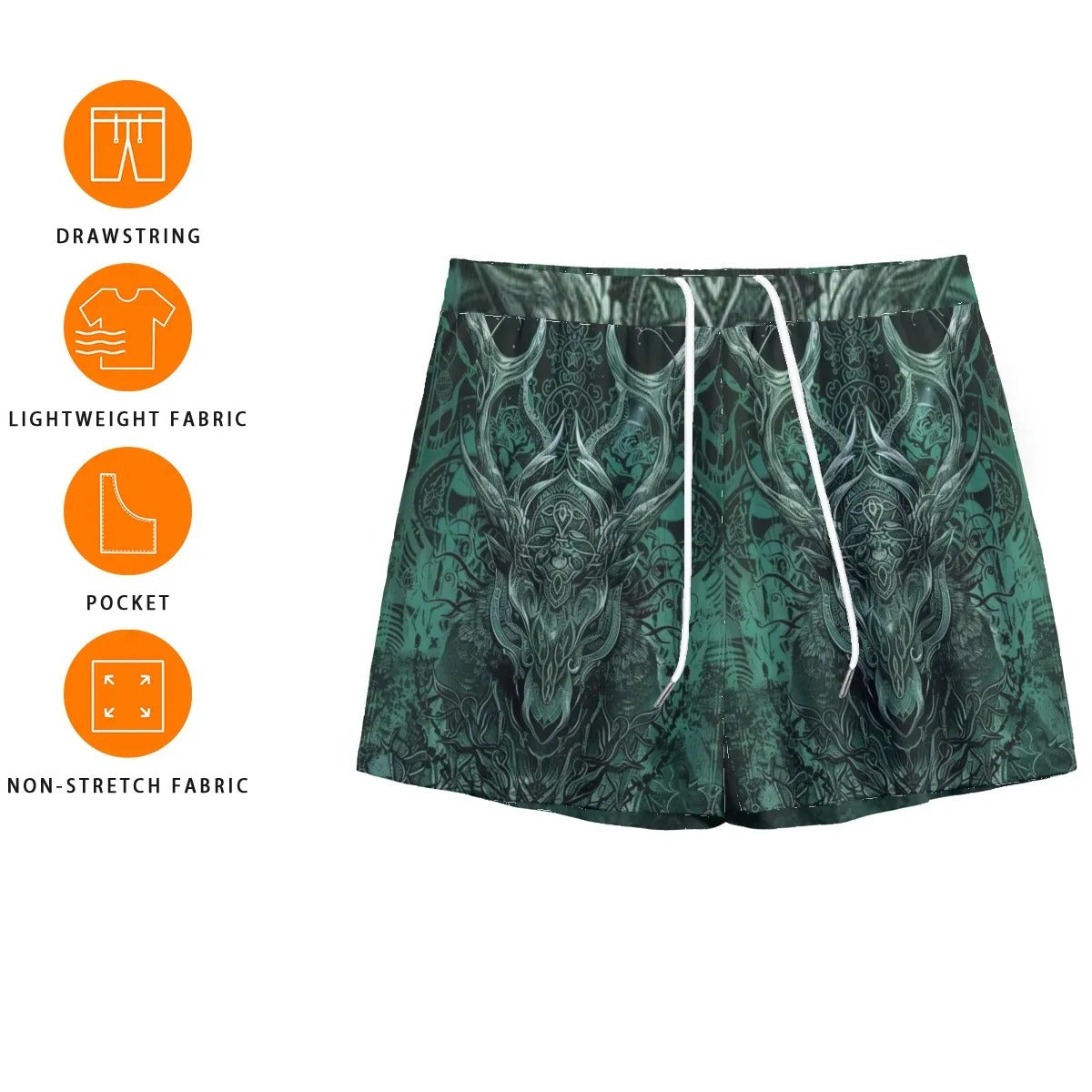 Viking Mesh Shorts with Antler Design, Norse Mythology Inspired Athletic Shorts, Tribal Graphic Beachwear, Fantasy Sports Clothing
