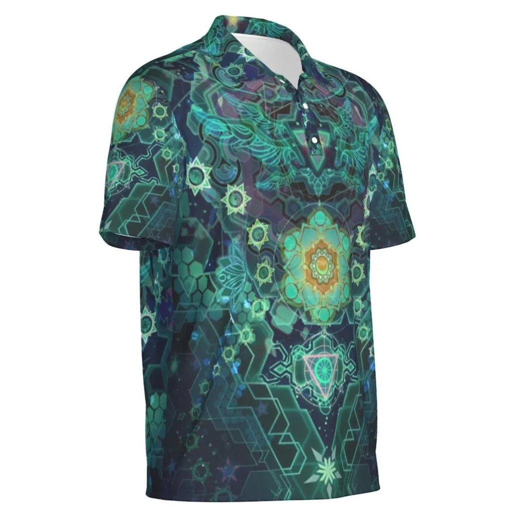 Yantric Geometry Polo, Sacred Mandala Energy Polo, Mystic Geometric Light Polo, Vibrant Spiritual Pattern Polo, Celestial Yantra Polo
