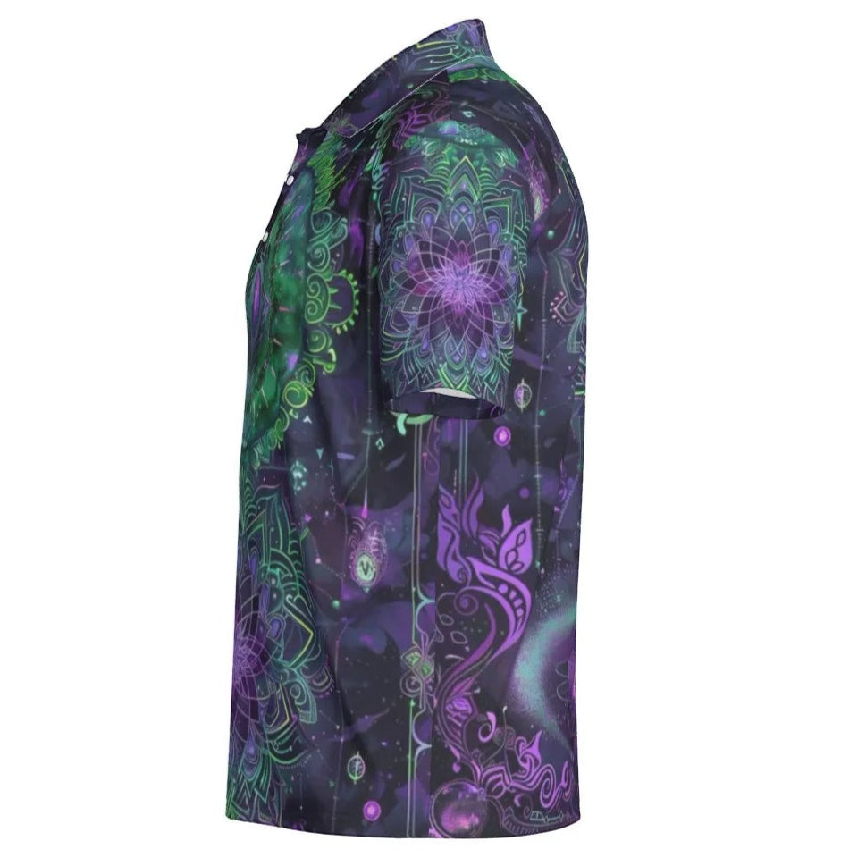 Mystic Aesthetic Polo Shirt, Sacred Geometry Shirt, Purple Green Top, Psychedelic Festival Wear, Spiritual Clothing, Boho Mystic Fashion, Men's Women Polo Tee