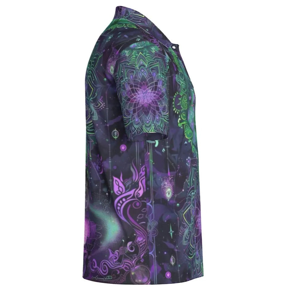 Mystic Aesthetic Polo Shirt, Sacred Geometry Shirt, Purple Green Top, Psychedelic Festival Wear, Spiritual Clothing, Boho Mystic Fashion, Men's Women Polo Tee