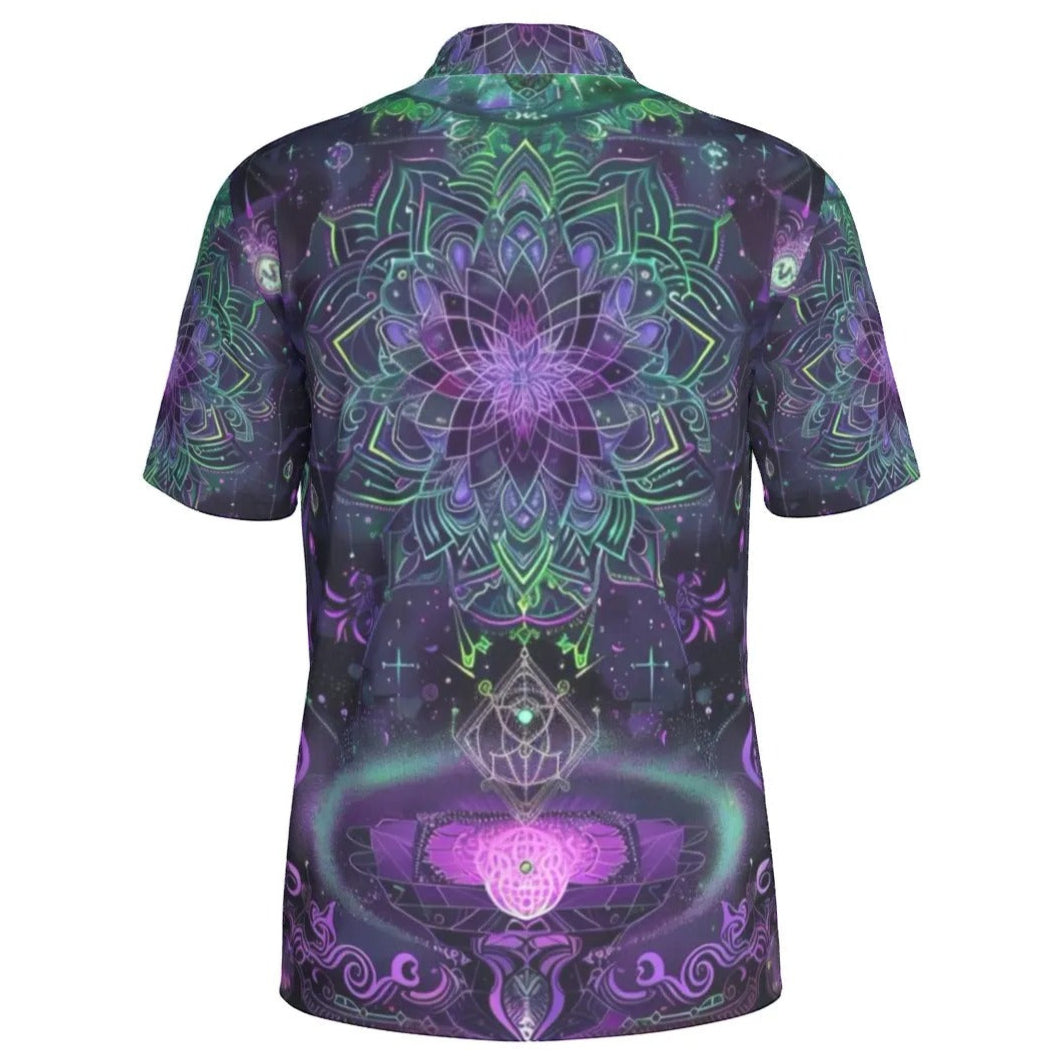 Mystic Aesthetic Polo Shirt, Sacred Geometry Shirt, Purple Green Top, Psychedelic Festival Wear, Spiritual Clothing, Boho Mystic Fashion, Men's Women Polo Tee